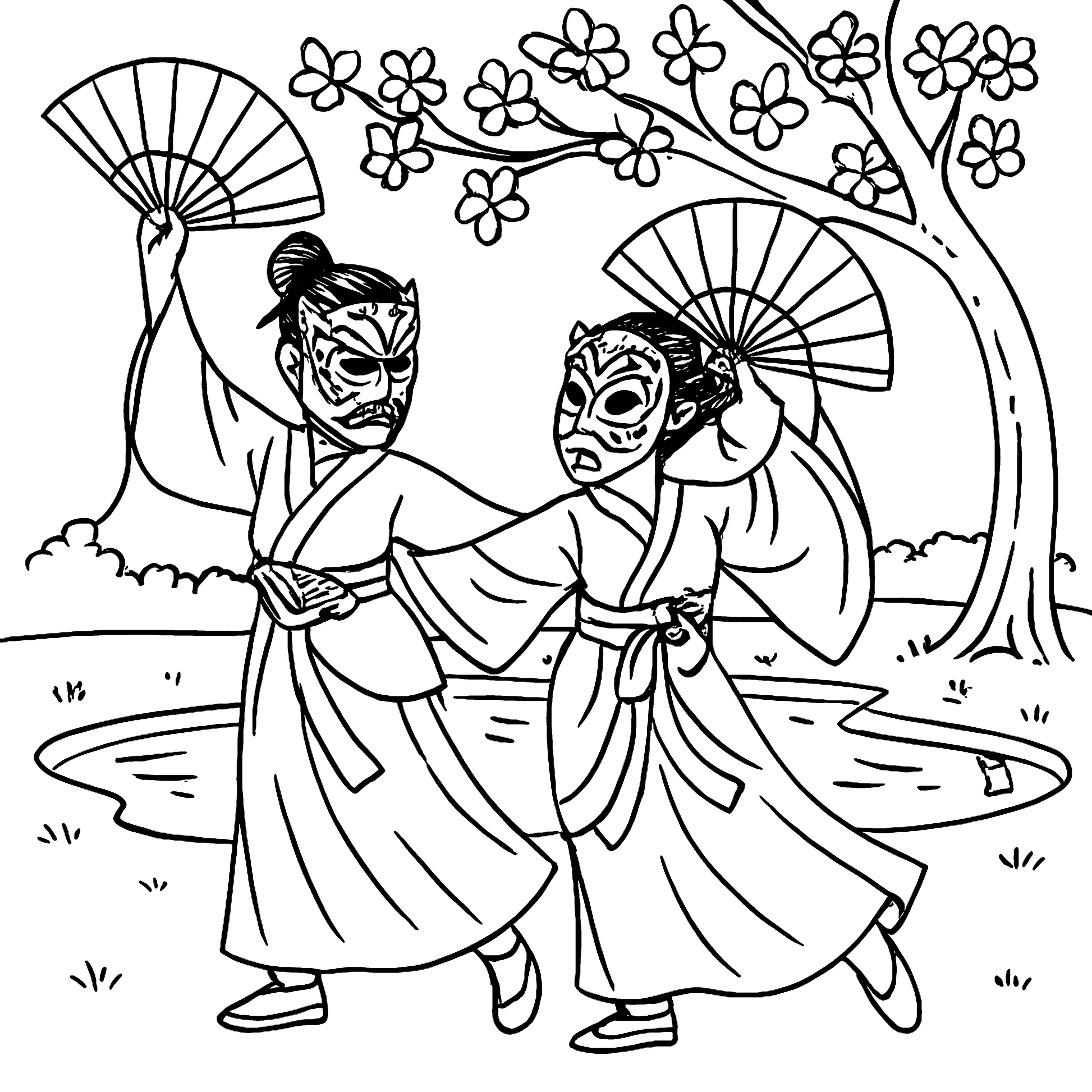 Buchaechum And Talchum Korean Dance  Masks Coloring Book Example Image 2